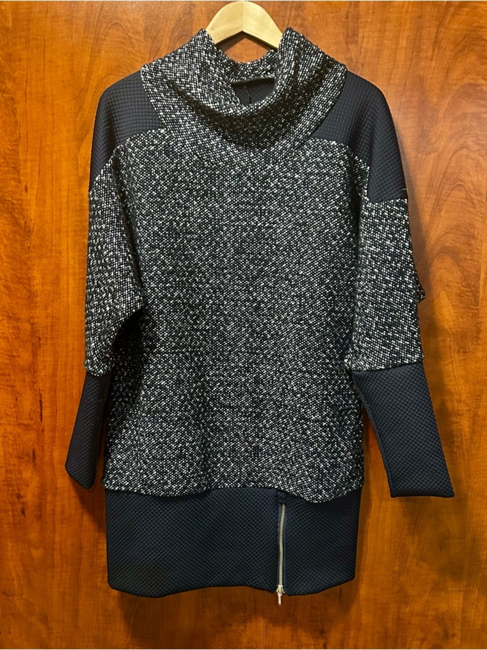 RUELLE Dark Blue and White Cowl Neck Tunic with Zip Detail